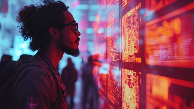 Man observes digital data display in a vibrant, illuminated tech environment during an evening event