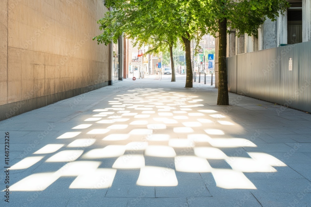 Poster geometric light patterns on urban sidewalk with tree shadows