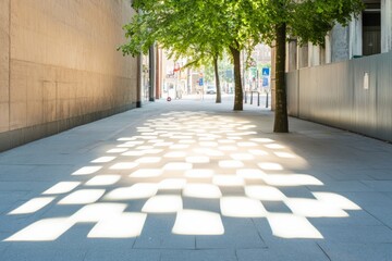 Fototapeta premium Geometric Light Patterns on Urban Sidewalk with Tree Shadows