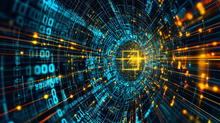 Fototapeta premium Abstract digital tunnel with glowing lines and numbers..