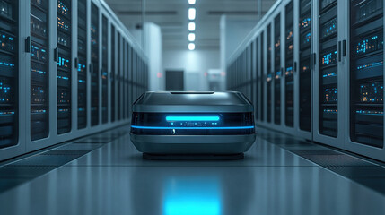 Robotic device navigates through a high-tech data center filled with servers and advanced technology