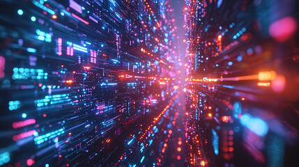 Obraz premium Vibrant display of digital data flowing through a futuristic tunnel effect in a neon color palette