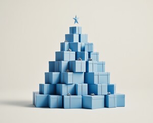 An artistic arrangement of blue gift boxes.