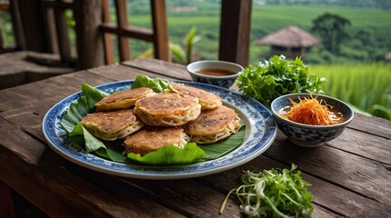 Delicious xo Vietnamese pancakes served in a tranquil countryside setting, surrounded by lush greenery and scenic rice fields during sunset