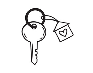 house key with heart doodle hand drawn icon. Outline drawing home key line clipart symbol