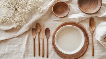 Wooden Table Setting with White Flowers and Linen