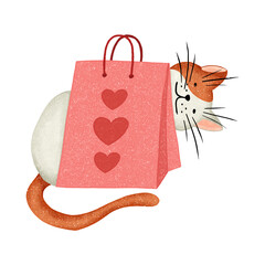 Cat with a gift. Hand drawn postcard.