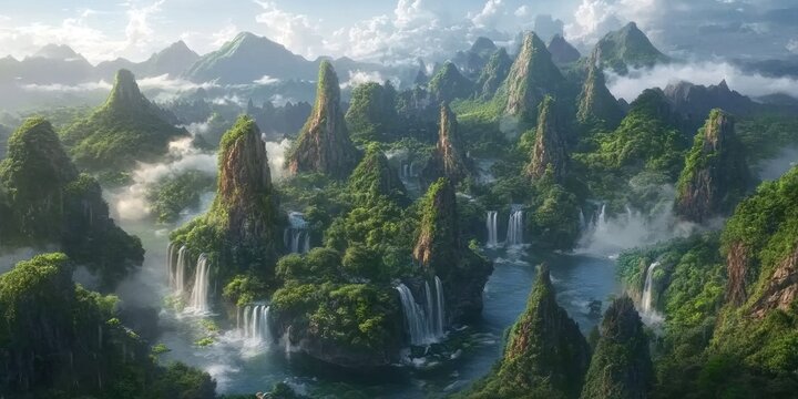 Lush tropical landscape with waterfalls cascading down rocky cliffs into a serene river valley.
