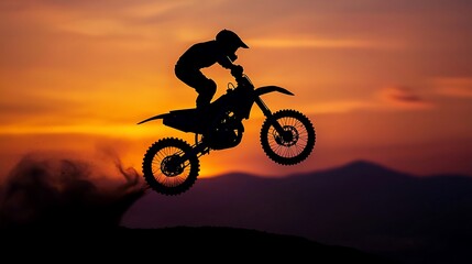 Naklejka premium Motocross rider silhouetted against sunset.