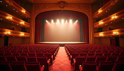 Interior view of an elegant theater with red seating and a stage prepared for the Sanremo Festival
