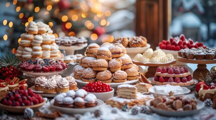 Fototapeta premium Winter season. Winter dessert table. Christmas table background