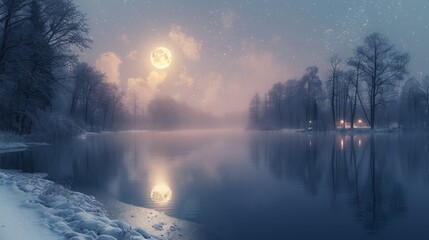 Winter season. Misty landscape . The silvery moon casts its enchanting glow upon the wintry landscape, reflecting off the calm river as the bare trees reach towards the starry sky,