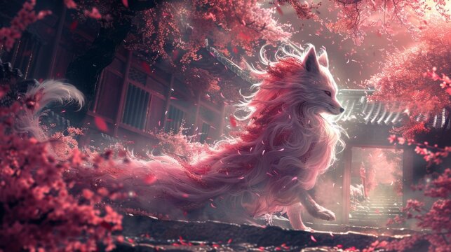 Mythical creatures. A mesmerizing kitsune, its fur a swirl of pink and white like cherry blossoms, dances gracefully with a young human under a canopy of blooming cherry trees.  