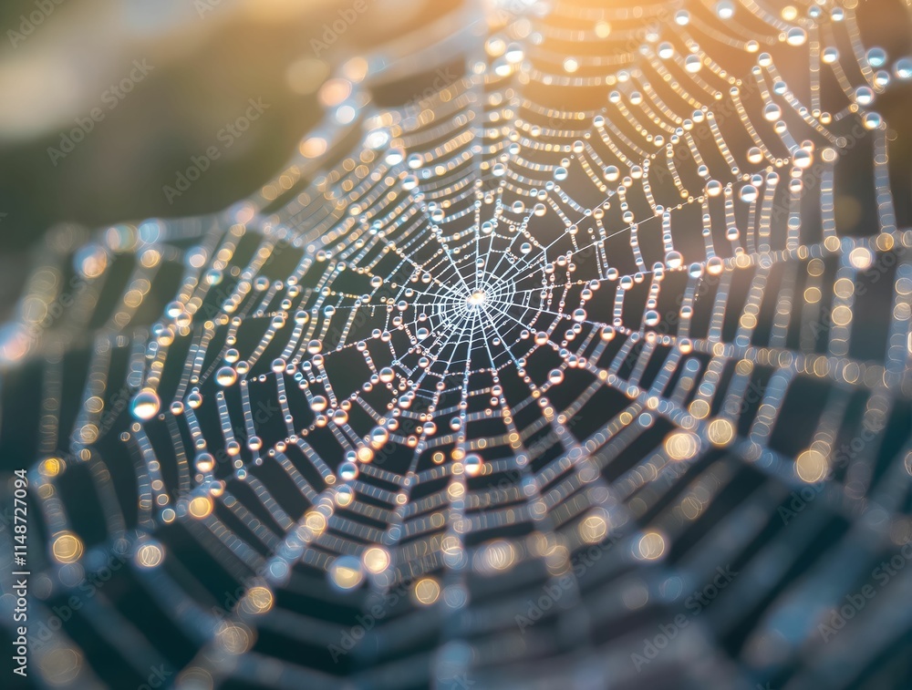 Aufkleber close-up of a spider web with dewdrops or raindrops on it, illuminated by sunlight. the background i