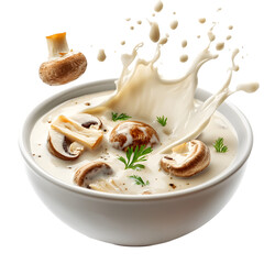 Delicious mushrooms splashing in cream soup isolated on a transparent background.