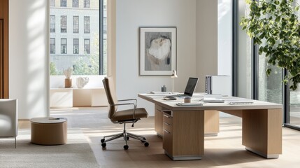 Modern minimalist home office with clean, sleek design. Featuring neutral tones and minimal furniture