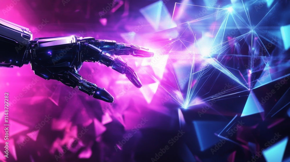 Poster cyberpunk photo of artificial intelligence scene with a robotic hand holding and 3d triangles and pu