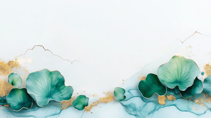 Serene Teal and Gold Abstract Art: Elegant teal leaves and gold accents on a flowing abstract background create a calming and sophisticated aesthetic.