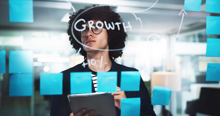 Businessman, night or thinking with tablet or mindmap for schedule planning, brainstorming or strategy at office. Man, employee or corporate growth with sticky notes for company agenda on glass board