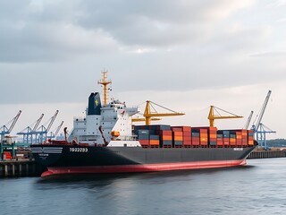 Container Ship at Port, Hamburg Harbor: Cloudy Day AI Generated