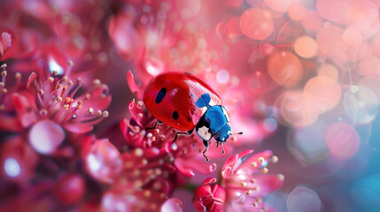 Vibrant photo capturing a ladybug on pink blossoms with stunning bokeh effect