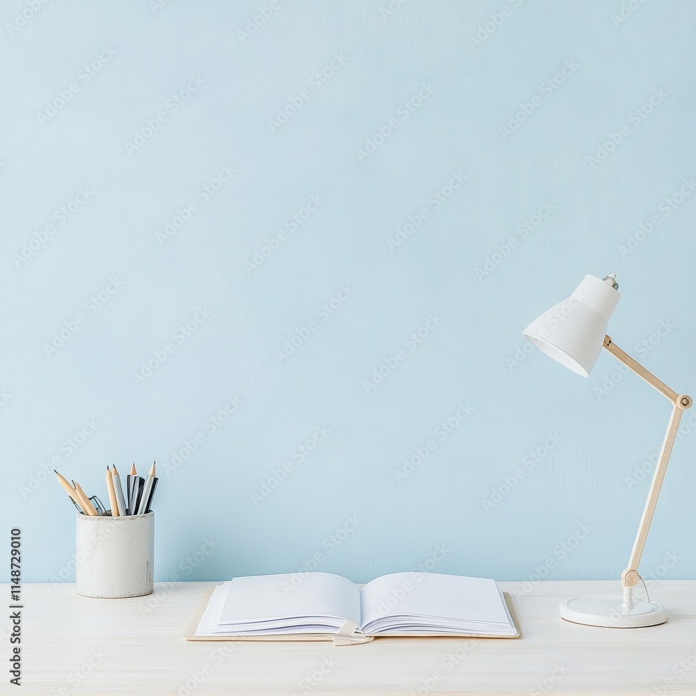Poster Minimalist Study Space with Open Notebook and Lamp on Clean Desk