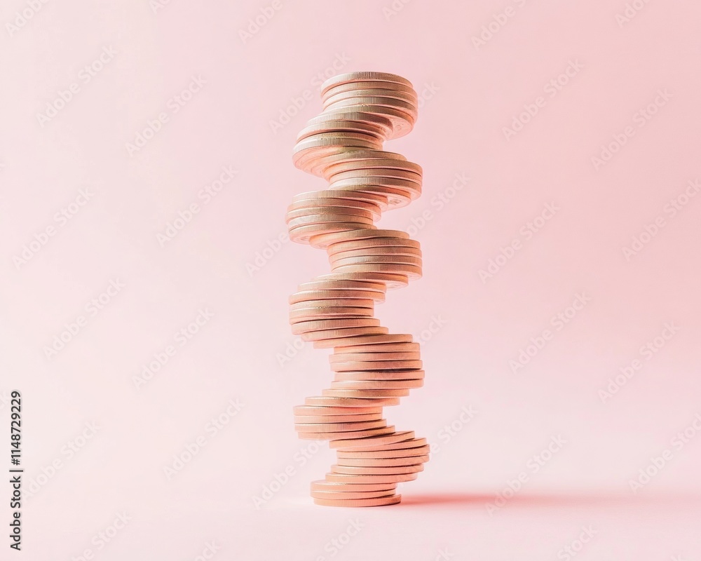 Poster Minimalist Stack of Coins Forming an Upward Spiral on a Pastel Background