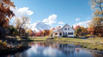 Obraz premium Autumnal landscape with a white house, pond, and snowy mountains in the background.