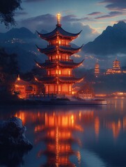 Obraz premium Traditional Chinese temple complex by lake at night. Illuminated pagoda, pavilions reflect on calm water. Mountains rise behind. Scenic view of Asian architecture. Cultural landmark. Peaceful serene