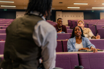 Fototapeta premium University students listening to professor giving lesson in lecture hall
