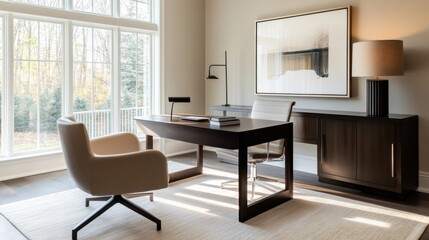 Fototapeta premium Modern minimalist home office with clean, sleek design. Featuring neutral tones and stylish furnishings
