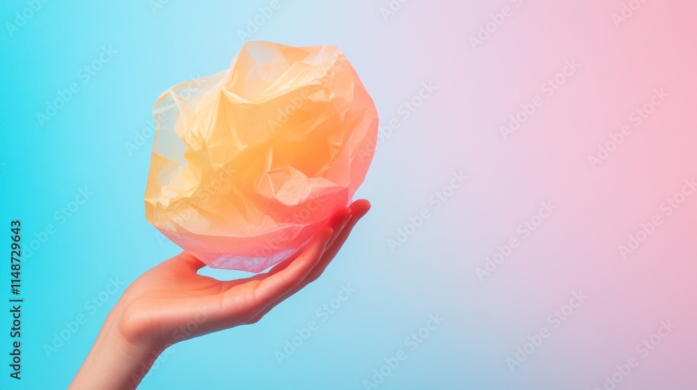 Poster hand holding crumpled pastel paper with gradient colors in minimalist style