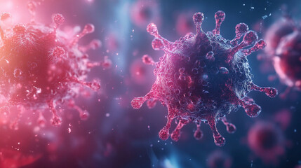 A vibrant microscopic view of viruses floating in a chaotic digital space highlighted by glowing particles symbolizing danger interconnectedness unseen threats resilience and the microscopic world of 