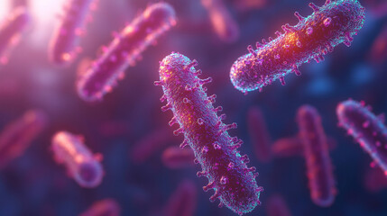 A vibrant microscopic view of viruses floating in a chaotic digital space highlighted by glowing particles symbolizing danger interconnectedness unseen threats resilience and the microscopic world of 