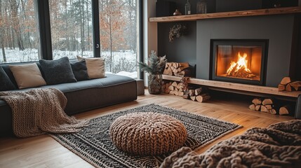 cozy living room with sofa and outdoor winter forest nature landscape, modern minimalist design with fireplace