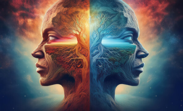 Split personality concept depicting a surreal Janus head with two contrasting halves and a tree instead of brain over cosmic background