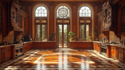 Obraz premium Sunlit luxury kitchen with hardwood floors and French doors.