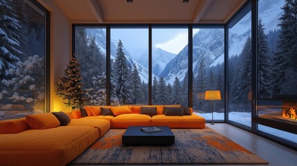Obraz premium cozy living room with sofa and outdoor winter forest nature landscape, modern minimalist design with fireplace