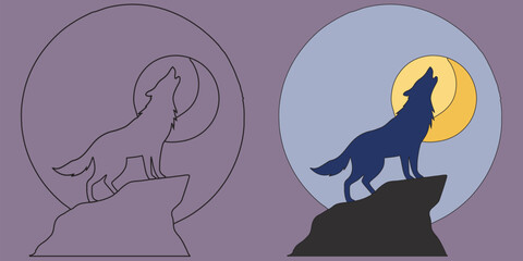 Moonlit Wolf on the Cliff Silhouette.