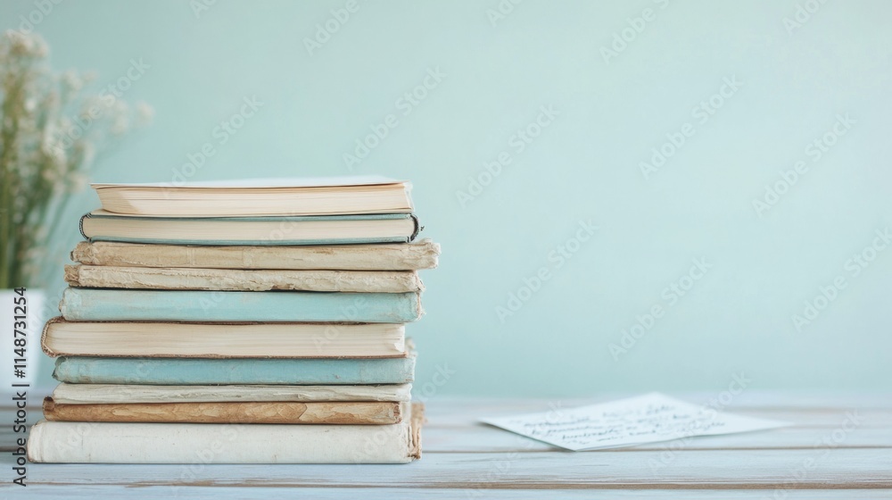 Poster serene still life of antique books with floating handwritten notes in subdued lighting