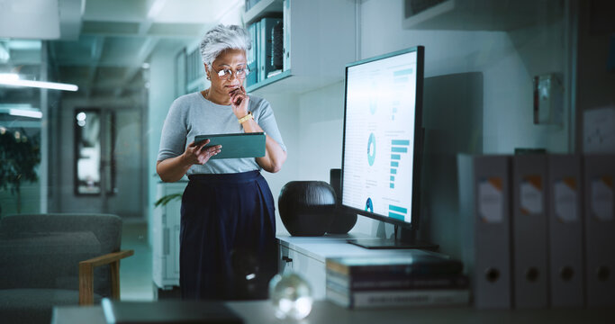Thinking, tablet and infographic with business woman in office for profit, accounting graph and budget research. Revenue charts, data analysis and sales review with mature person in firm for monitor - Powered by Adobe