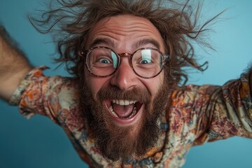 Ecstatic Energy: Bearded Man with Wild Hair and Glasses Laughing