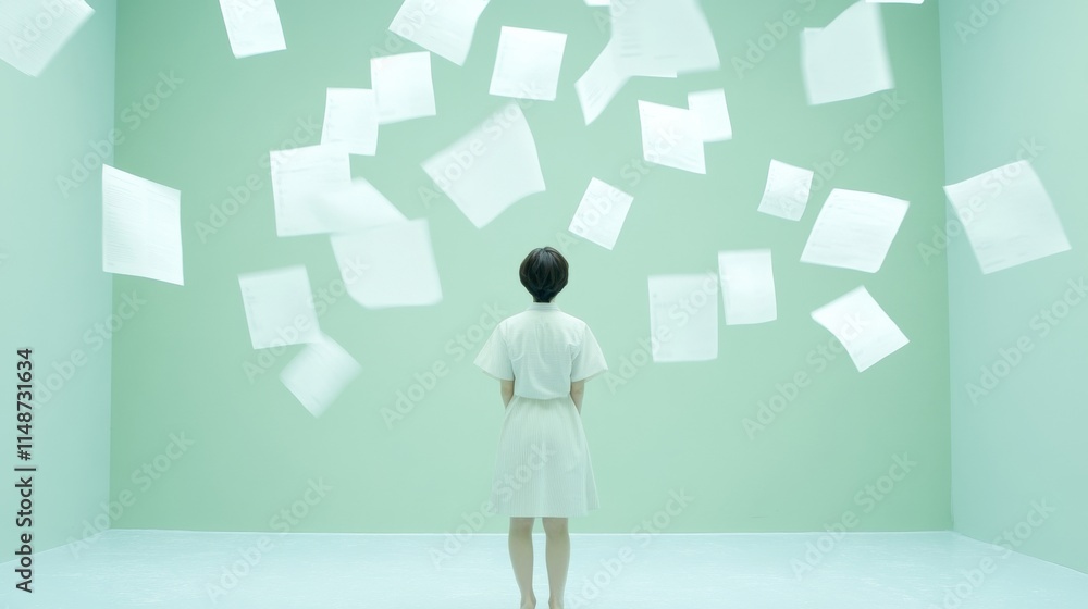 Aufkleber contemplative woman in minimalistic space with floating papers under ethereal light