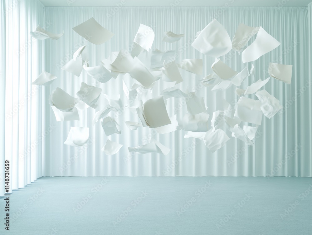 Poster surreal floating papers in minimalist abstract space with muted lighting
