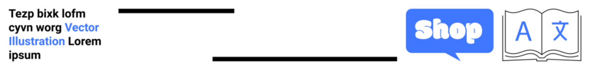 Set of graphic icons featuring a shopping speech bubble icon, a book with language symbols, and placeholder text. Ideal for online shops, education, bookstores, language learning, and websites