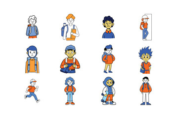 a set of cartoon characters that are wearing orange and blue clothing