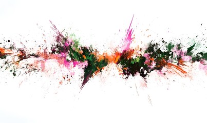Colorful explosion with green, orange, pink, and black ink splashes on white.