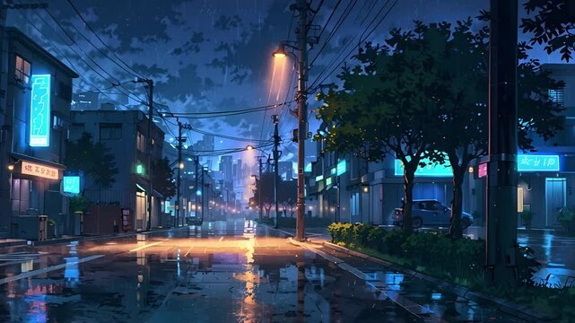 A street during night and raining. Anime style. Looping Lofi animation.