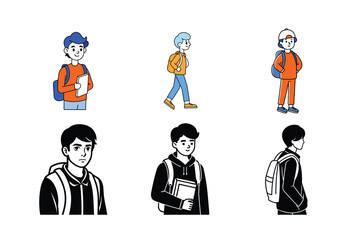 schoolboy icon set collection set of cartoon boy with backpack and school bag vector illustration