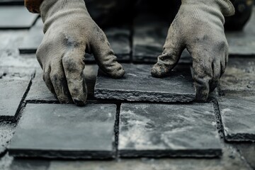 Builder s gloved hands positioning outdoor paving slabs on a prepared surface